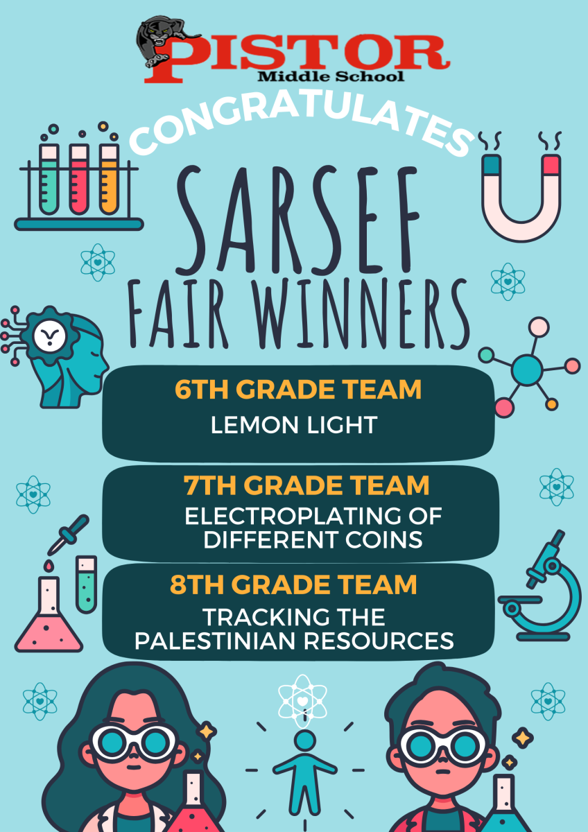 Pistor Middle School Congratulates SARSEF Fair Winners | 6th Grade Team Lemon Light | 7th Grade Team Electroplating of Different Coins | 8th Grade Team Tracking the Palestinian Resources
